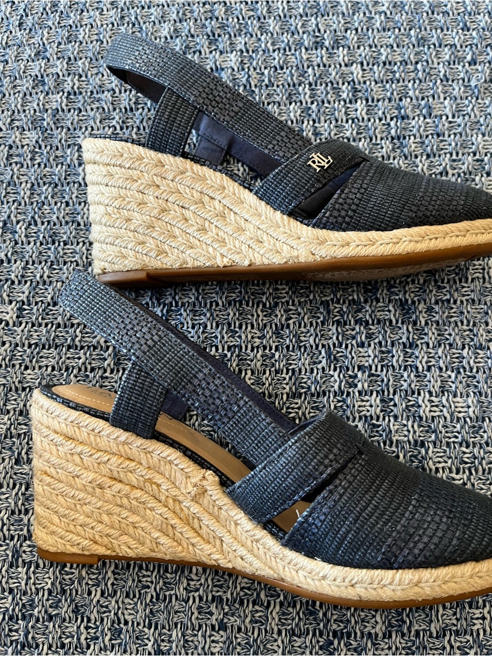 LAUREN Ralph Lauren Navy Woven Espadrille Slingback Flats with Natural Jute Toe - Picture 9 of 14